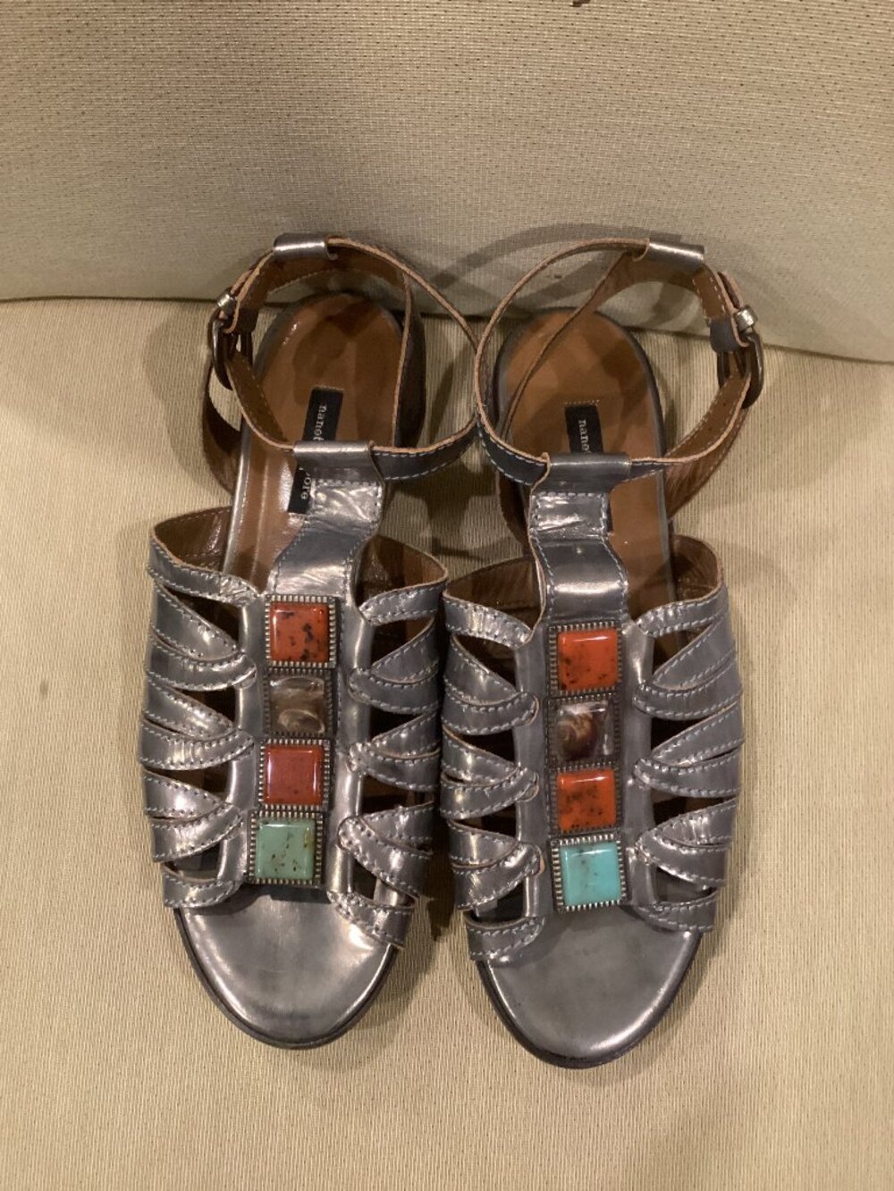 Nanette Lepore Pewter Gemstone Leather Flat Sandals - Size 8 B - Made in Italy